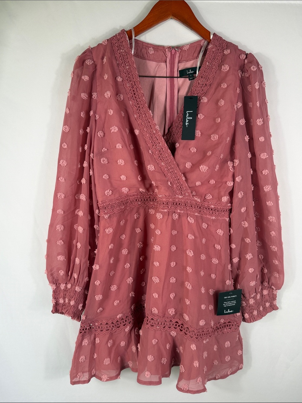 Lulu's Rose Pink Lace Trim Dress. Sheer‎ Arms. Lined skirt. NWT Size L. Ruffles.